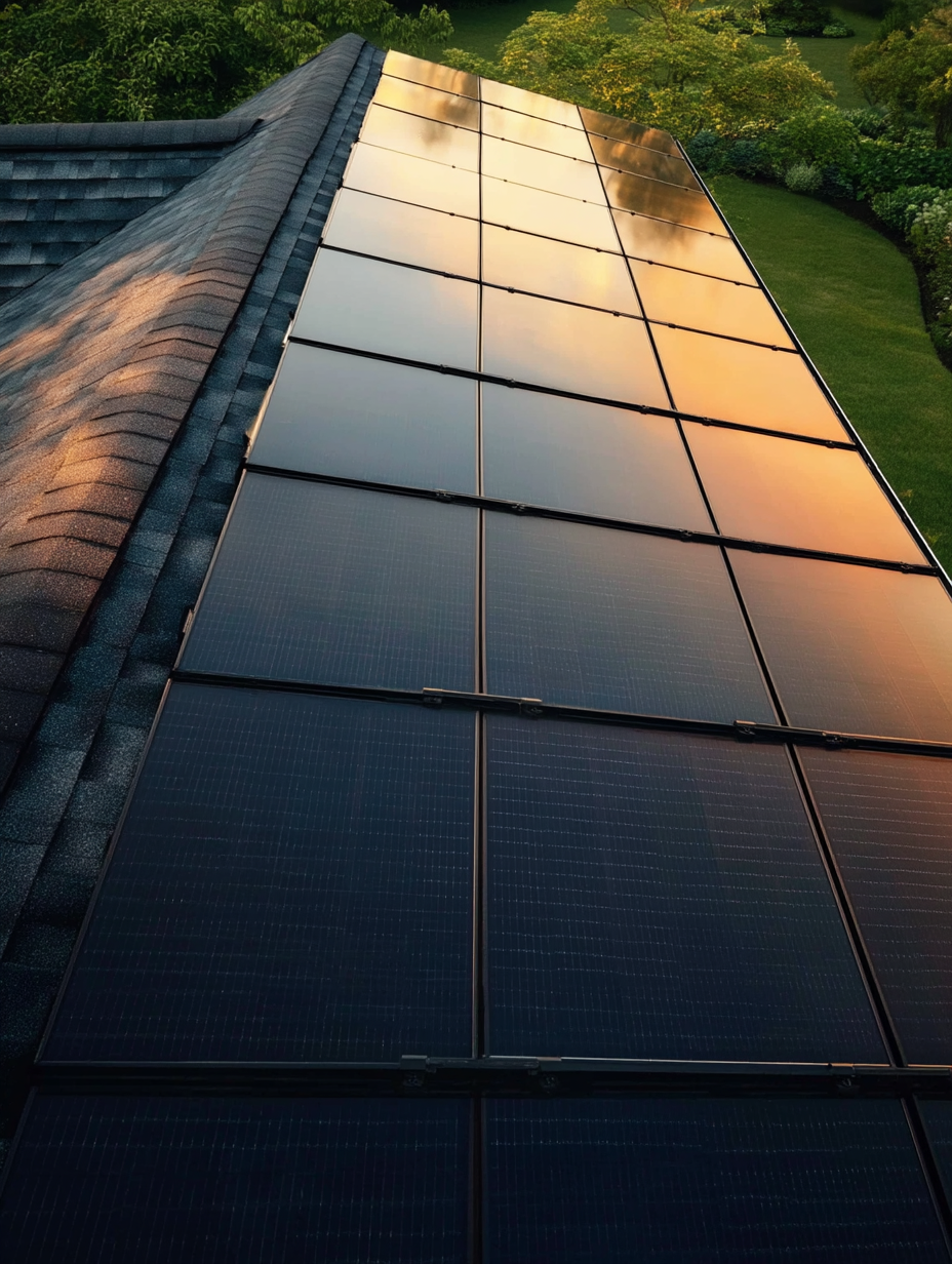 Solar panels on rooftop at sunset