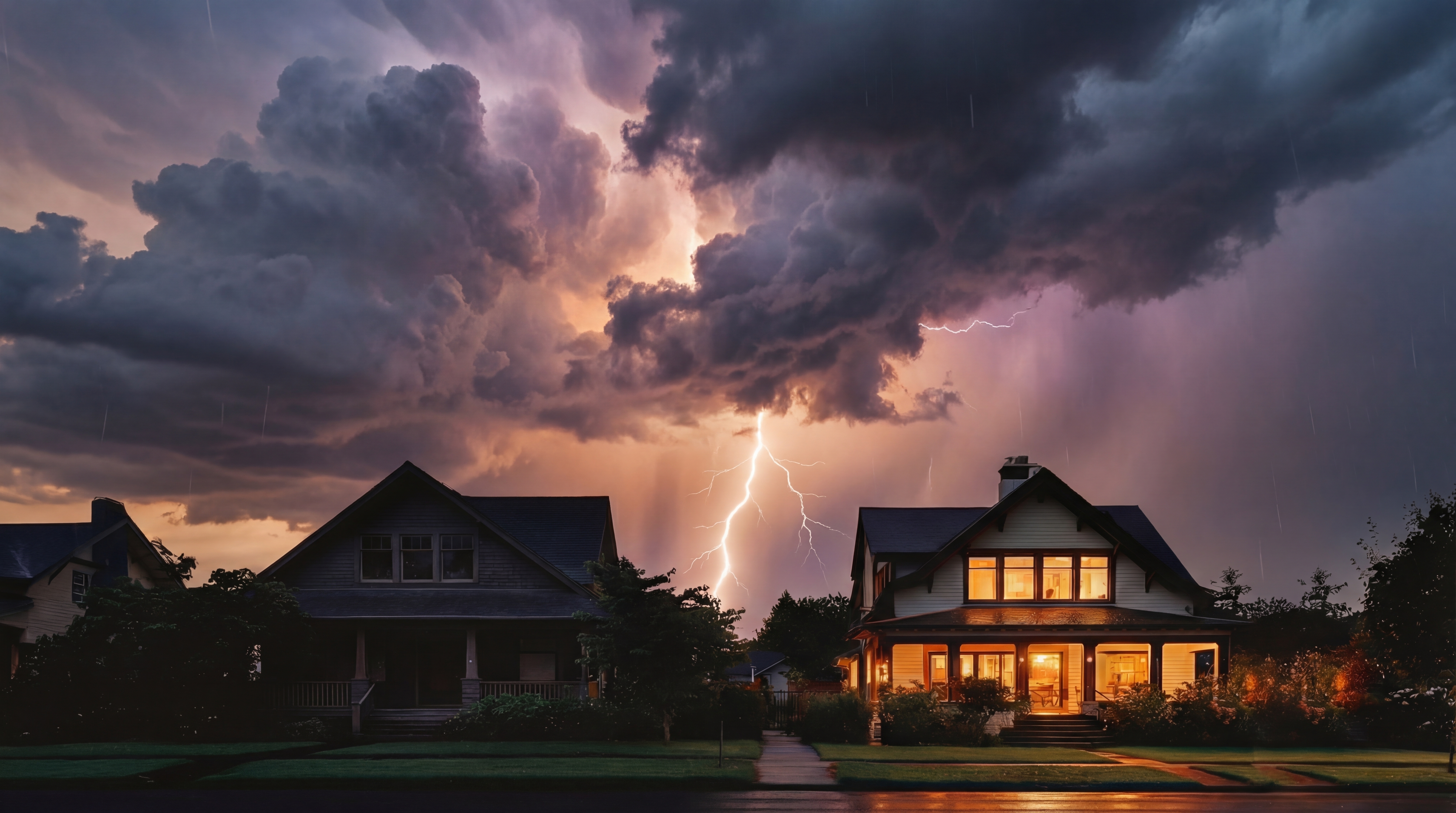 Home lit up during a lightning storm